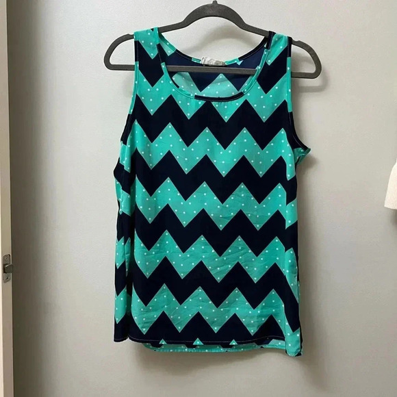 Aqua / navy chevron zig zag sleeveless top by peach love medium - Picture 1 of 7